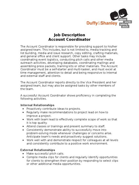 Job Description Account Coordinator Download Free Pdf Communication