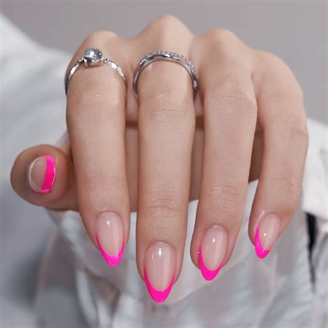Btartbox French Tip Press On Nails Hot Pink Press On Nails Short Stick On Nails For Women Glue