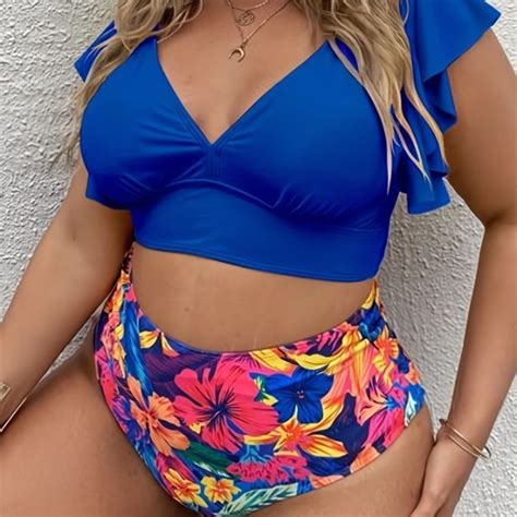 Dropship Plus Size Colorblock Tropical Print Bikini Set Women S Plus Ruffle Sleeve High Waist