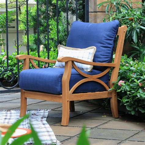 Abbington Teak Wood Outdoor Lounge Chair With Navy Cushion Patio