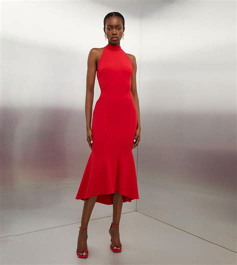 Buy Karen Millen Tailored Waterfall Hem High Neck Midi Dress In Red