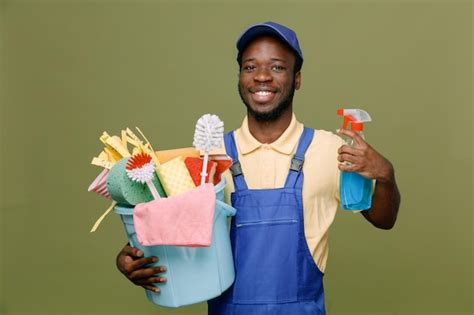 Premium Photo Smiling Holding Bucket Of Cleaning Tools Young