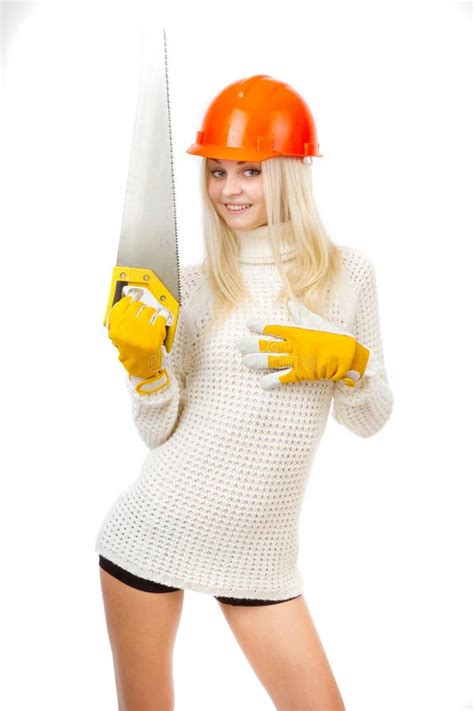 Beautiful Blonde With A Saw Stock Photo Image Of Indoors Caucasian 27724052
