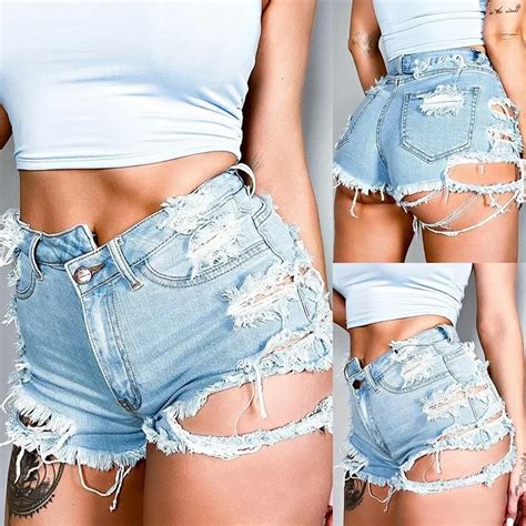 Hot Sale Summer Woman Sexy Ripped Denim Shorts High Waist Irregular Tassel Slim Shorts Jeans S