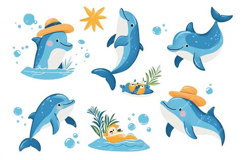 Cute Blue Dolphins Swimming Together Illustration Premium Ai