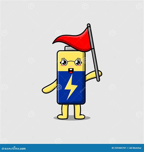 Cute Cartoon Battery Character Hold Triangle Flag Stock Vector
