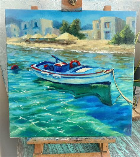 Картина маслом море берег с лодкой морской пейзаж – купить на Ярмарке ...