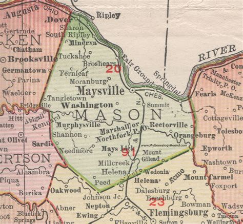 Mason County, Kentucky 1911 Rand McNally Maysville, Washington, Dover, KY