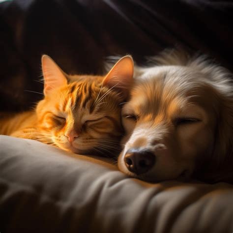 Premium Photo | A cat and a dog are sleeping together.