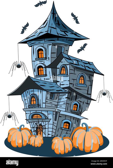 Halloween Vector Illustration Of Haunted House With Pumpkins And