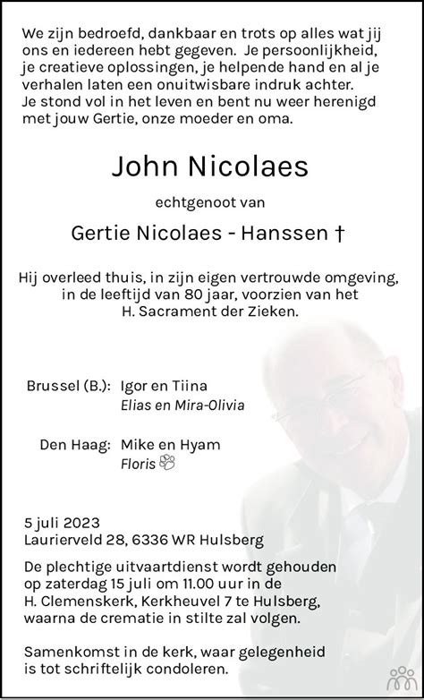 John Nicolaes 05 07 2023 Overlijdensbericht En Condoleances Mensenlinq Nl