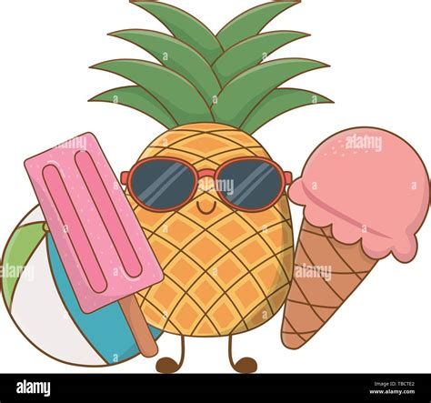 Summer Pineapple With Sunglasses Ice Cream And Popsicle Cartoons Vector Illustration Graphic