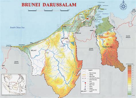 detailed political map  brunei  relief brunei asia mapsland