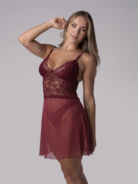 Camisola Renda Tule Sexy Lingerie Lua De Mel Baby Doll Vinho