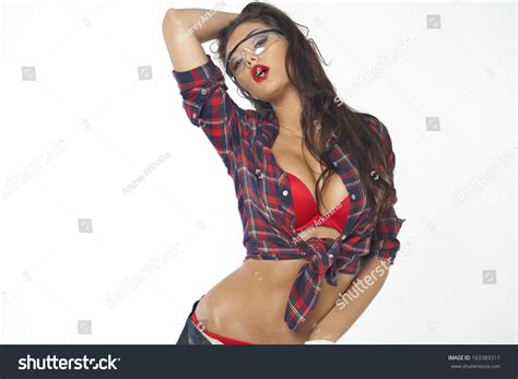 Sexy Brunette Plaid Shirt Isolated On Stock Photo Shutterstock