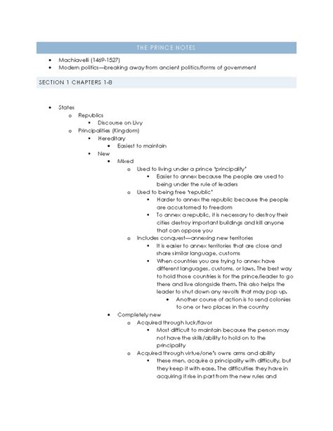 Machiavelli's The Prince Notes: Key Concepts from Chapters 1-10 - Studocu