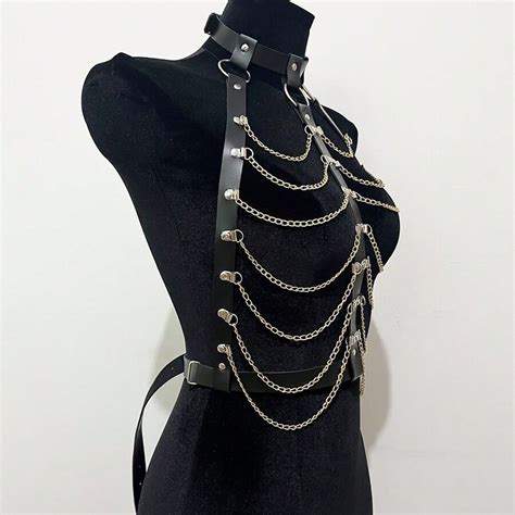 Leather Chest Chain Harness Women Bra Erotic Lingerie Bdsm Body Sexy Underwear Goth Open Cup Bra