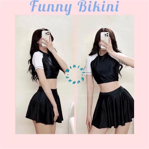 Size M L XL Bikini đồ bơi nữ đi biển 2 mảnh crop top mix chân váy phong cách Hàn Quốc FUNNY