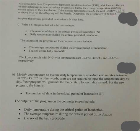 Solved Nile Crocodiles Have Temperature Dependent Sex Chegg