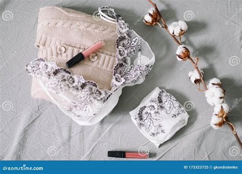 Female Fashion Background With Lingerie Lipstick And Flowers Flat Lay Top View Beauty
