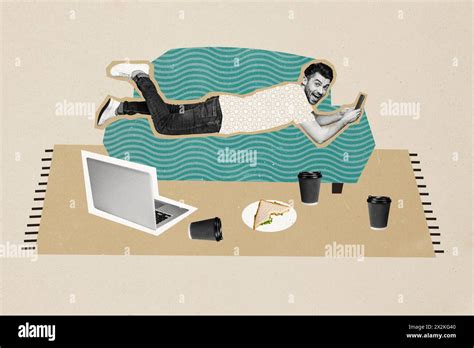 Composite Photo Collage Of Young Lazy Guy Lie Sofa Hold Iphone Mess
