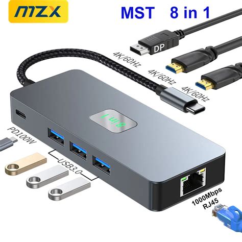 MZX 8 In 1 MST Docking Station DP HDMI 4K 60Hz 1000M RJ45 USB Hub 3