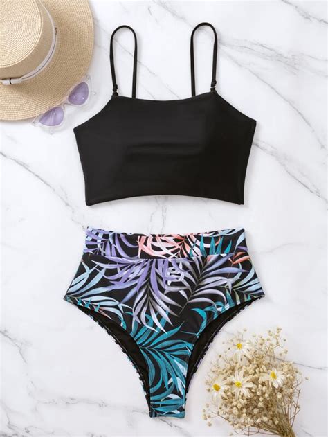 Shein Swim Vcay Bikini Set Tropenmuster Band Hinten Cami Top Hoher