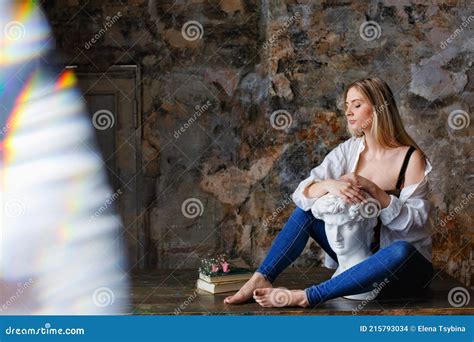 A Blonde Girl Embraces A Bust Of David In The Workshop Stock Photo Image Of Classical Closed