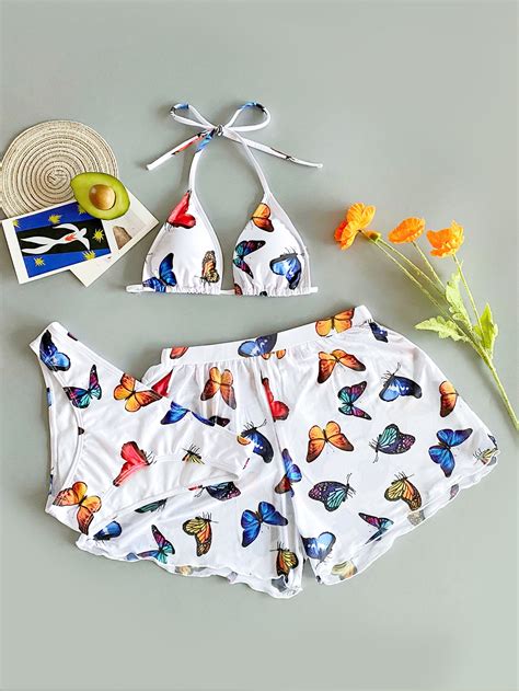 3pack Butterfly Print Triangle Bikini Swimsuit