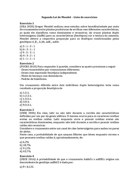 Exercícios sobre a Segunda Lei de Mendel | PDF | Dominância (genética ...