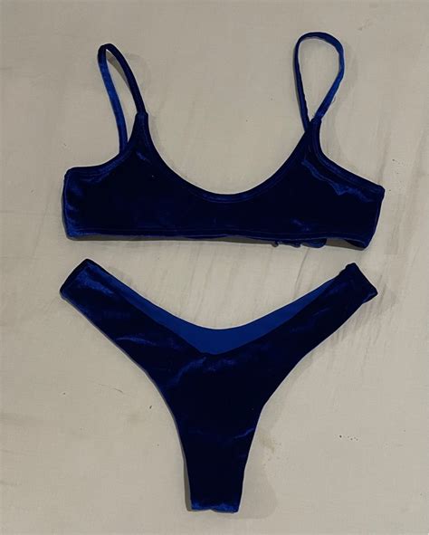 Blue Velvet High Cut Bikini Swimsuit Women S Fashion Swimwear Bikinis Swimsuits On Carousell