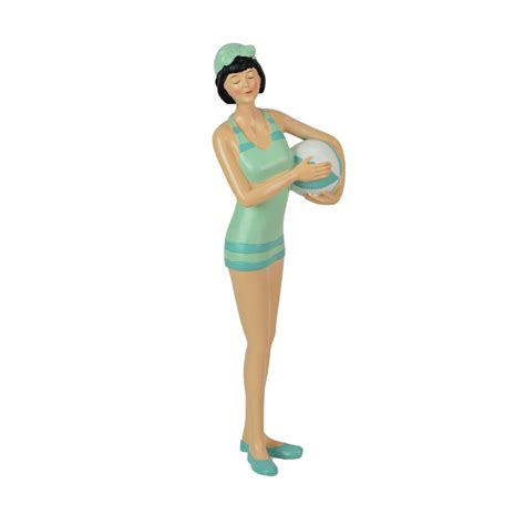Fancy That Graceful Brunette Retro Bathing Beauty Figurine Sage Green Light Blue Striped