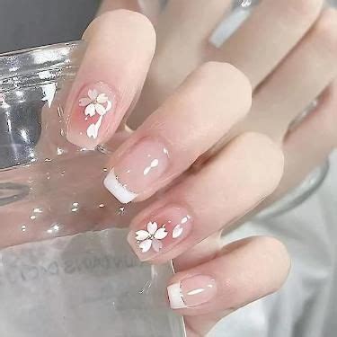 Justotry Pcs Nude Pink With White Flowers Trim Design French Nail Art Fake Nails Cute Short