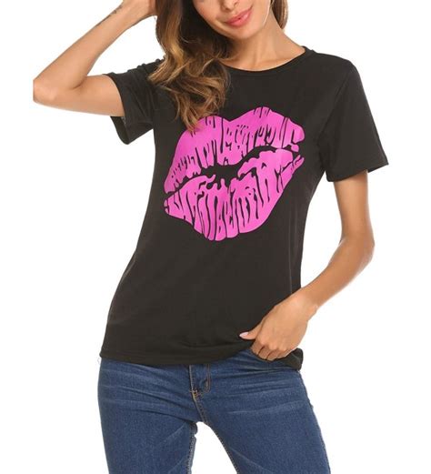 Women S Sexy Hot Pink Lips Print Lipstick Short Sleeve Basic T Shirt Blouse Black Ce X N H