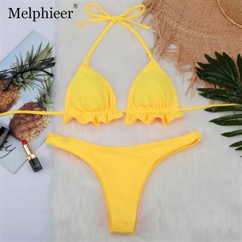 Ruffle Swimsuit String Bikinis Bandage Swimwear Women Push Up Brazilian Bikini Set Red Yellow