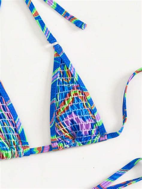 SHEIN Swim SXY Allover Print Halter Micro Triangle Bikini Swimsuit