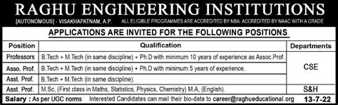 Raghu Engineering Institutions Vizag Wanted Professorassociate