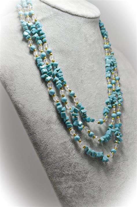 Blue Beaded Necklace Turquoise And Crystal Holiday Jewelry Etsy Blue Beaded Necklace Beaded