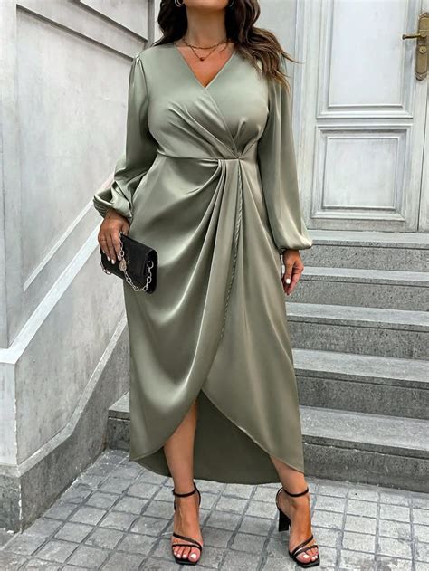 Plus Lantern Sleeve Wrap Hem Satin Dress