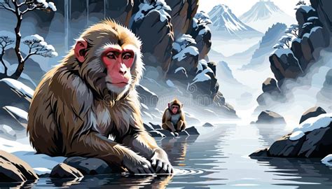 Japanese Snow Monkey In A Hot Spring Stock Vector Illustration Of Tranquil Wildlife 376793627
