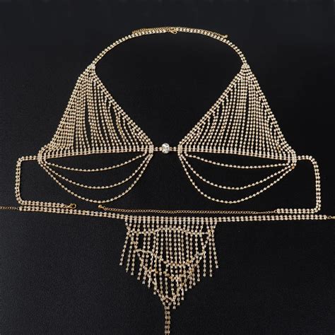 Rhinestone Fringe Bra Panties Nightclub Bikini Waist Belt Belly Chain Body Jewelry Bikini Body