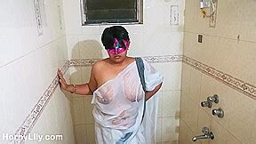 Indian Big Boobs Horny Lily In Bathroom Taking Shower In White Saree Pornfeel