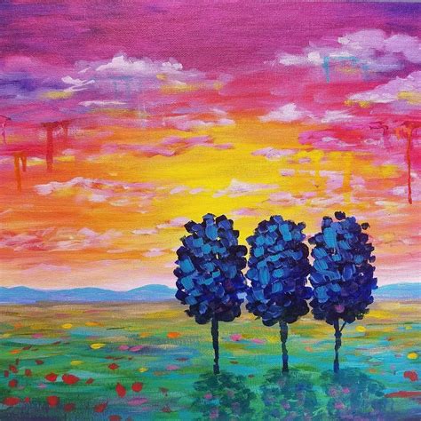 Easy Sunset Landscape Drip Trees Live Beginner Acrylic Painting