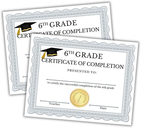 6th Grade Graduation Certificate Of Completion 50 Pk 85 X 11 For