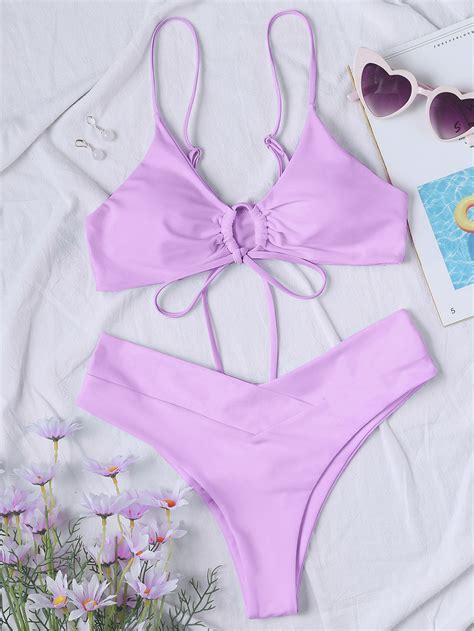 New High Elastic Bikini Set For Summer Two Pieces Solid Color Lace
