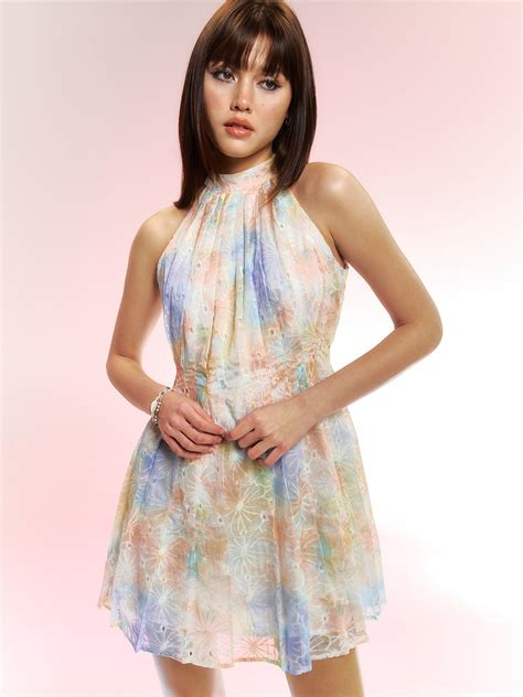 Halter Neck Flowy Mini Dress Multi Color Pomelo Fashion