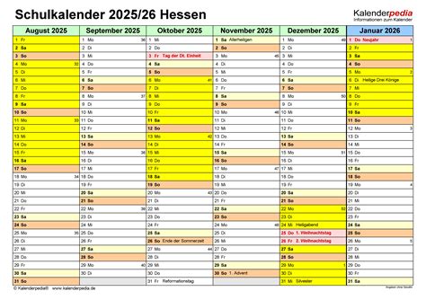 Schulkalender 2025/2026 Hessen für PDF