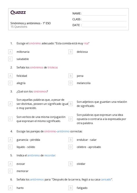 Sombras De Significado Hojas De Trabajo Para Grado En Quizizz