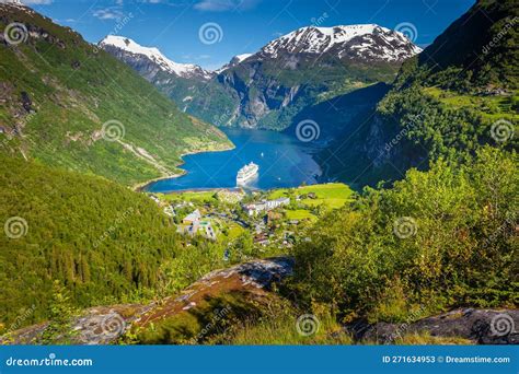 Geiranger Fjord And Village At Sunset Norway Northern Europe Stock