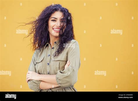 Funny Arab Woman With Curly Hair In Urban Background Young Arab Woman